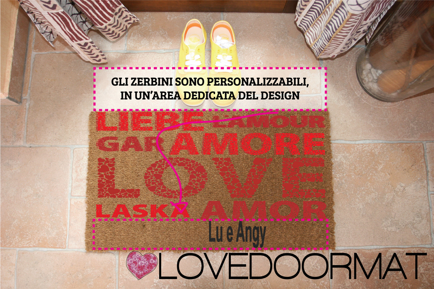 Zerbino Personalizzabile – Mondo D'Amore – LOVEDOORMAT in Cocco, Fondo in Gomma 100% BIO su cui io dipingo il Decor Design e se desideri nella parte inferiore (opzional) il tuo testo