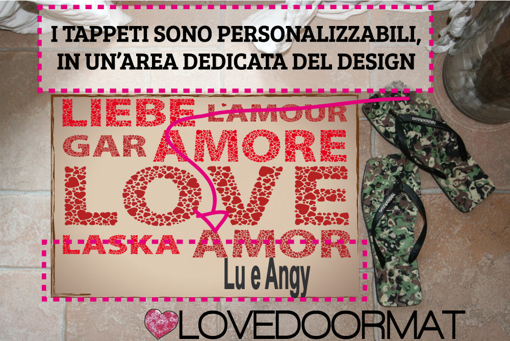 Zerbino Personalizzabile – Mondo D'Amore – LOVEDOORMAT in Feltro, Fondo in Gomma, 100% asciugapassi, su cui io dipingo il Decor Design e se desideri nella parte inferiore (opzional) il tuo testo