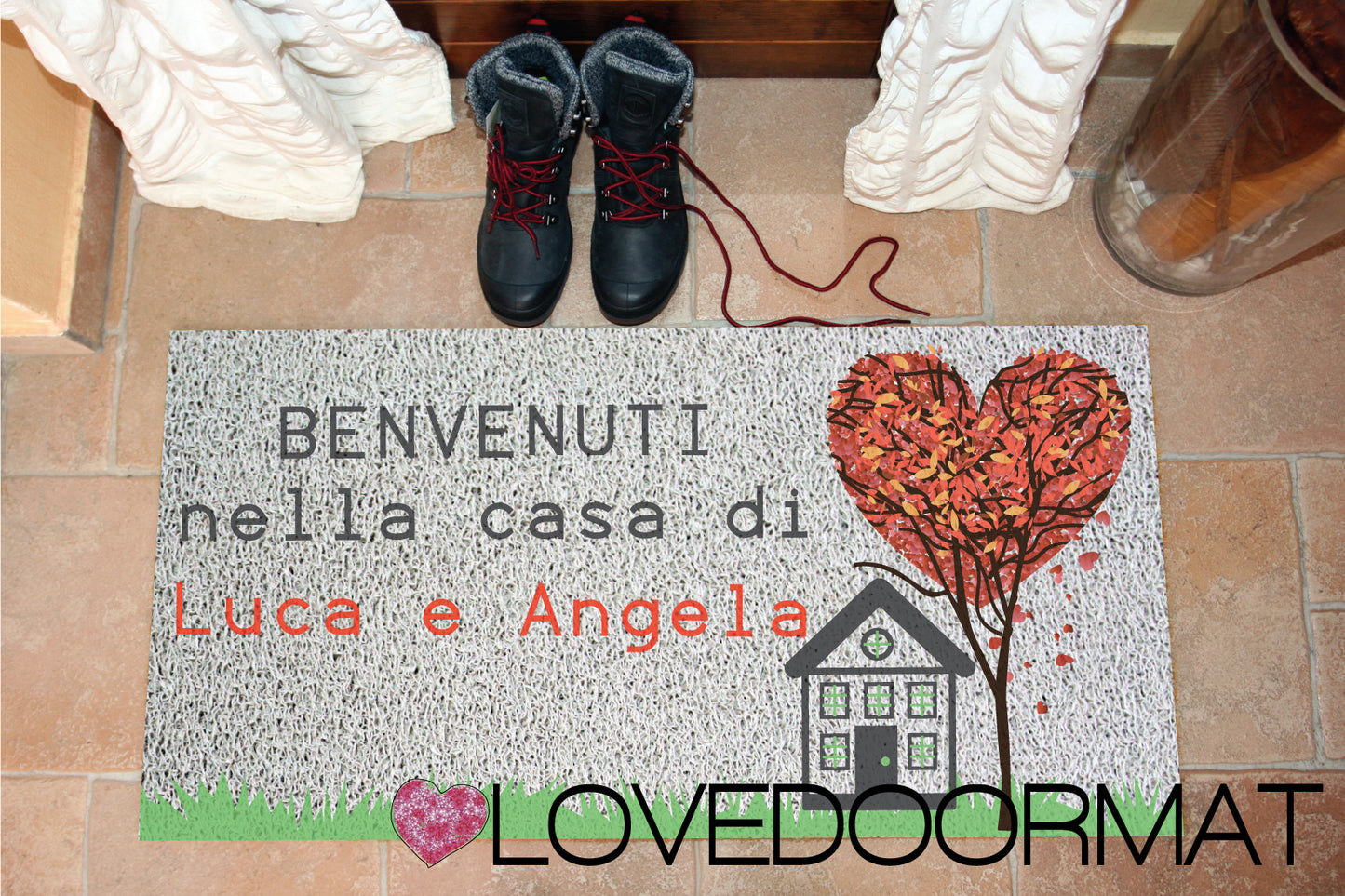 Zerbino Personalizzato – Casa, Albero Cuore, Tuo Testo – LOVEDOORMAT in Pvc, Fondo in Gomma