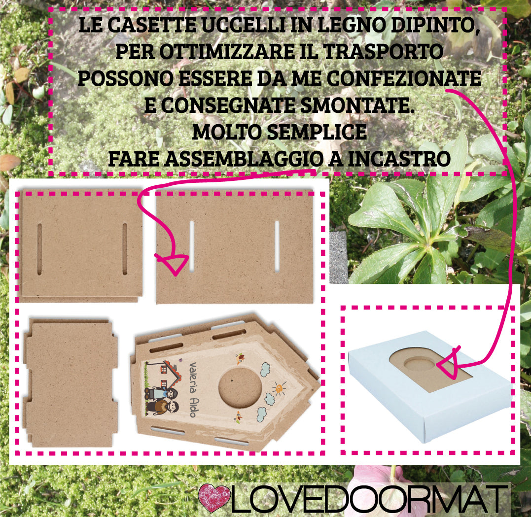 Per Ottimizzare il Trasporto, Confeziono Smontata (Semplice Assemblaggio) la Casetta Uccelli Personalizzata – Tue Iniziali in Cornice – LOVEDOORMAT in Legno cm 17,5x12x3,4