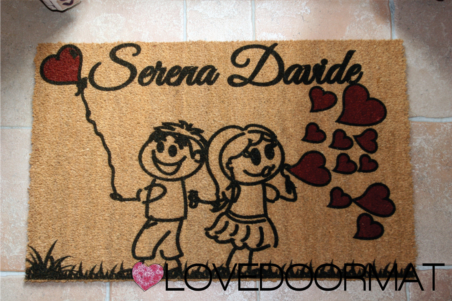 Zerbino Personalizzato – Coppia, Palloncini, Tuo Testo – LOVEDOORMAT in Cocco, Fondo in Gomma 100% BIO