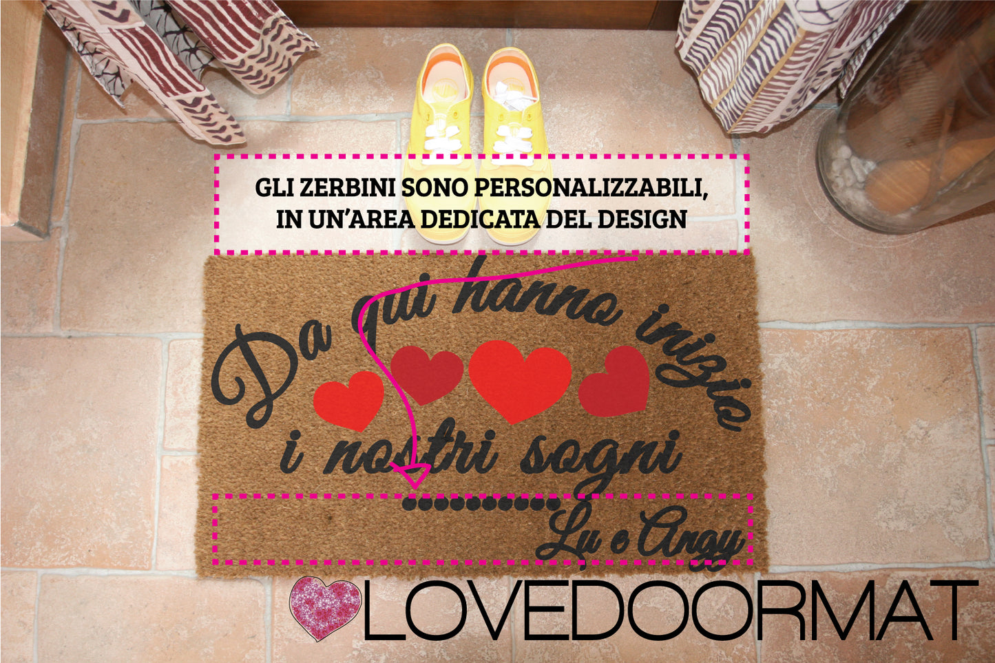 Zerbino Personalizzabile LOVEDOORMAT in Cocco, Fondo in Gomma 100% BIO, su cui io dipingo il Decor Design e se desideri nella parte inferiore (opzional) il tuo testo