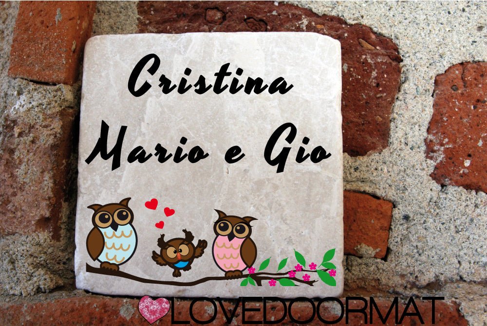Formella Personalizzata – Famiglia Gufi – LOVEDOORMAT in Marmo 100% Naturale