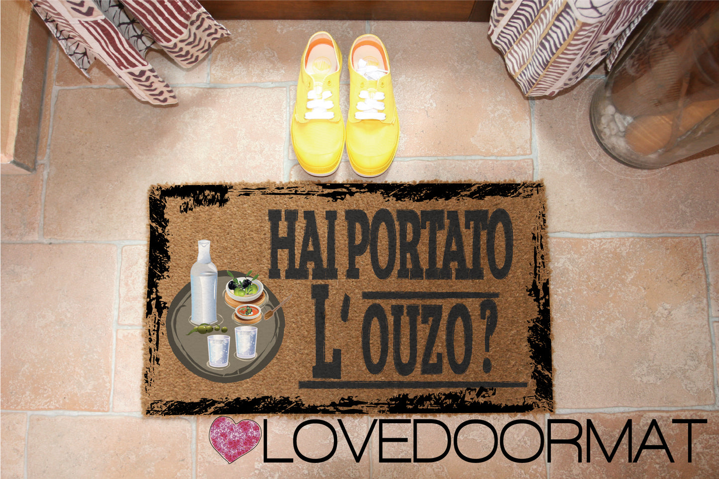 Zerbino Personalizzabile – Hai Portato l’Ouzo? – LOVEDOORMAT in Cocco, Fondo in Gomma 100% BIO