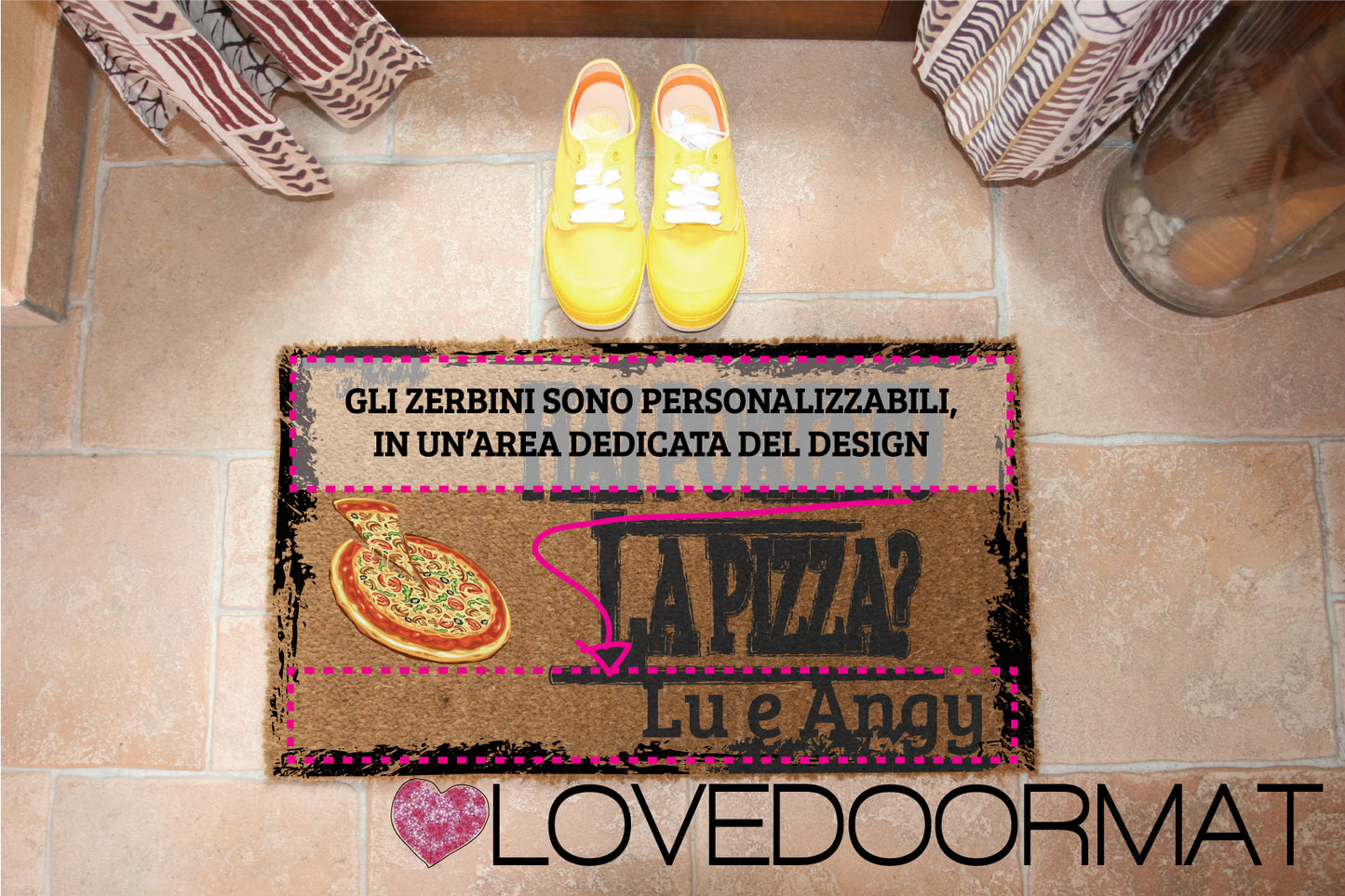 Area dedicata per Personalizzazione Zerbino Personalizzabile – Hai Portato la Pizza? – LOVEDOORMAT in Cocco, Fondo in Gomma 100% BIO