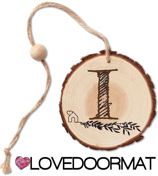 Rondella - Monogramma - LOVEDOORMAT in Legno, 100% BIO, dipinto a mano con Lettera I e Design, da appendere, cm 40x12x3
