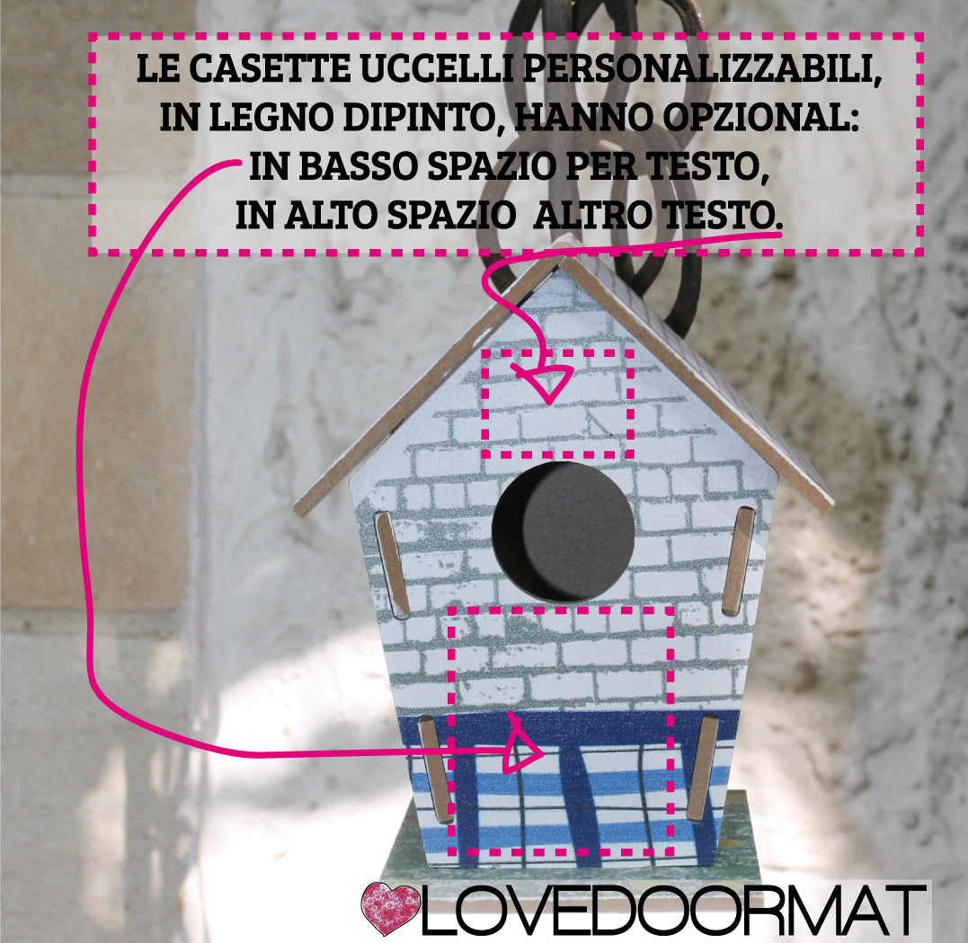Casetta Uccelli Personalizzabile – Casa Lago – LOVEDOORMAT in Legno cm 17,5x12x3,4 su cui io dipingo, se desideri al centro, nella parte inferiore (opzional) il tuo testo e nella parte superiore (opzional) altro tuo testo