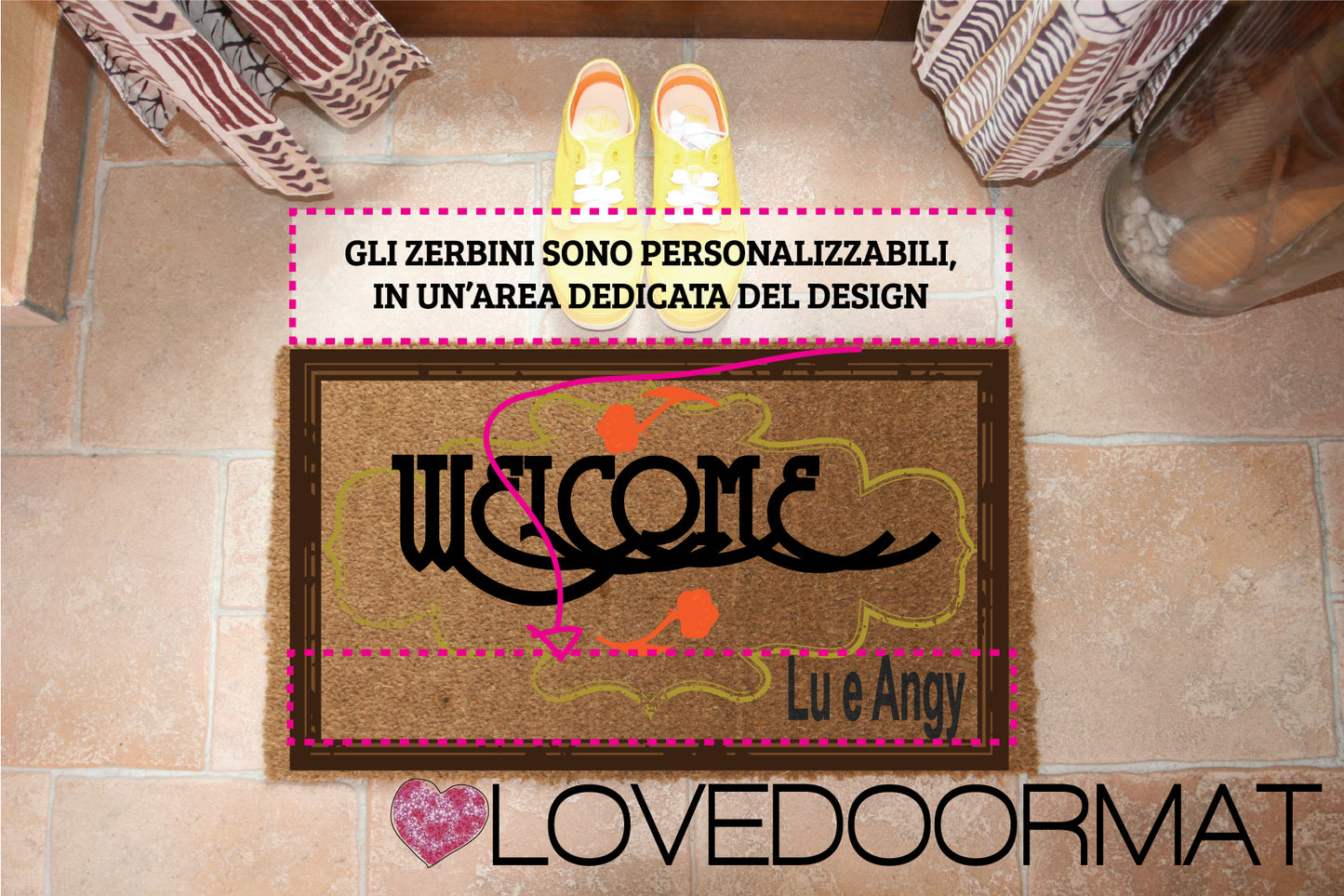 Zerbino Personalizzabile – Cornice Liberty – LOVEDOORMAT in Cocco, Fondo in Gomma 100% BIO su cui io dipingo il Decor Design e se desideri nella parte inferiore (opzional) il tuo testo