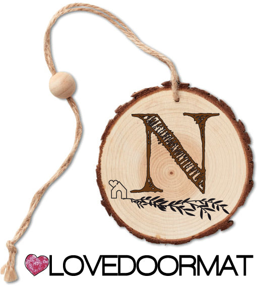 Rondella - Monogramma - LOVEDOORMAT in Legno, 100% BIO, dipinto a mano con Lettera N e Design, da appendere, cm 40x12x3