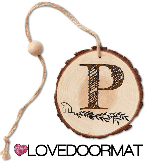 Rondella - Monogramma - LOVEDOORMAT in Legno, 100% BIO, dipinto a mano con Lettera P e Design, da appendere, cm 40x12x3