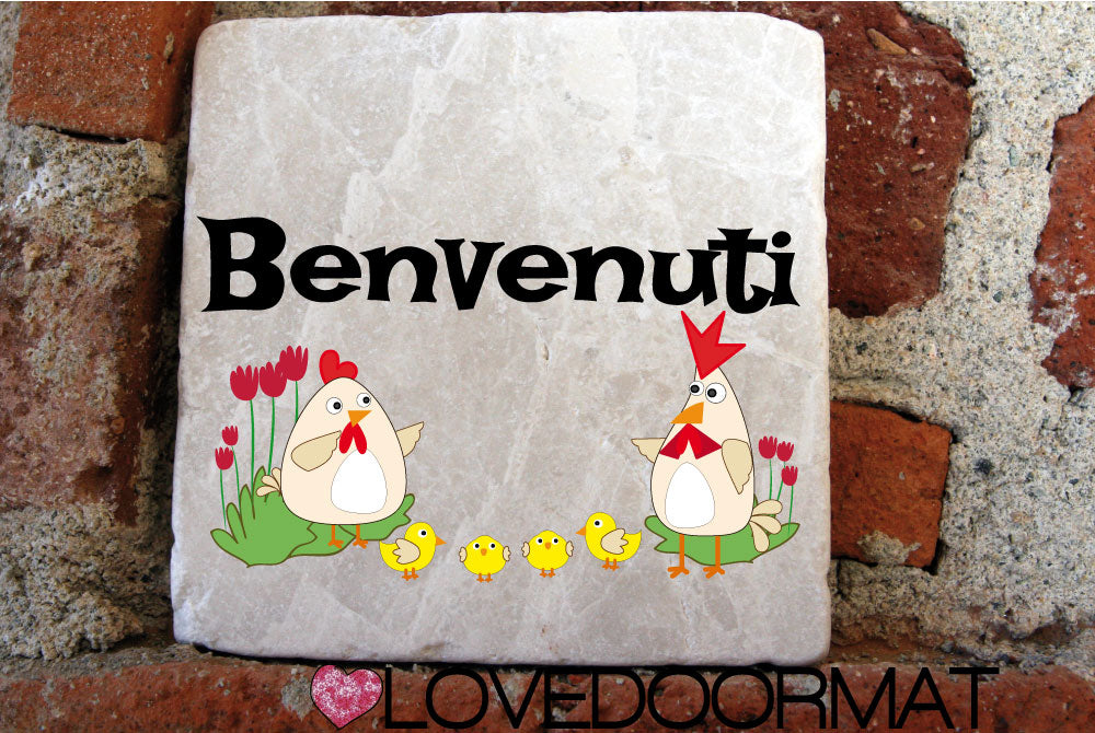 Formella Personalizzata – Galline Felici – LOVEDOORMAT in Marmo 100% Naturale