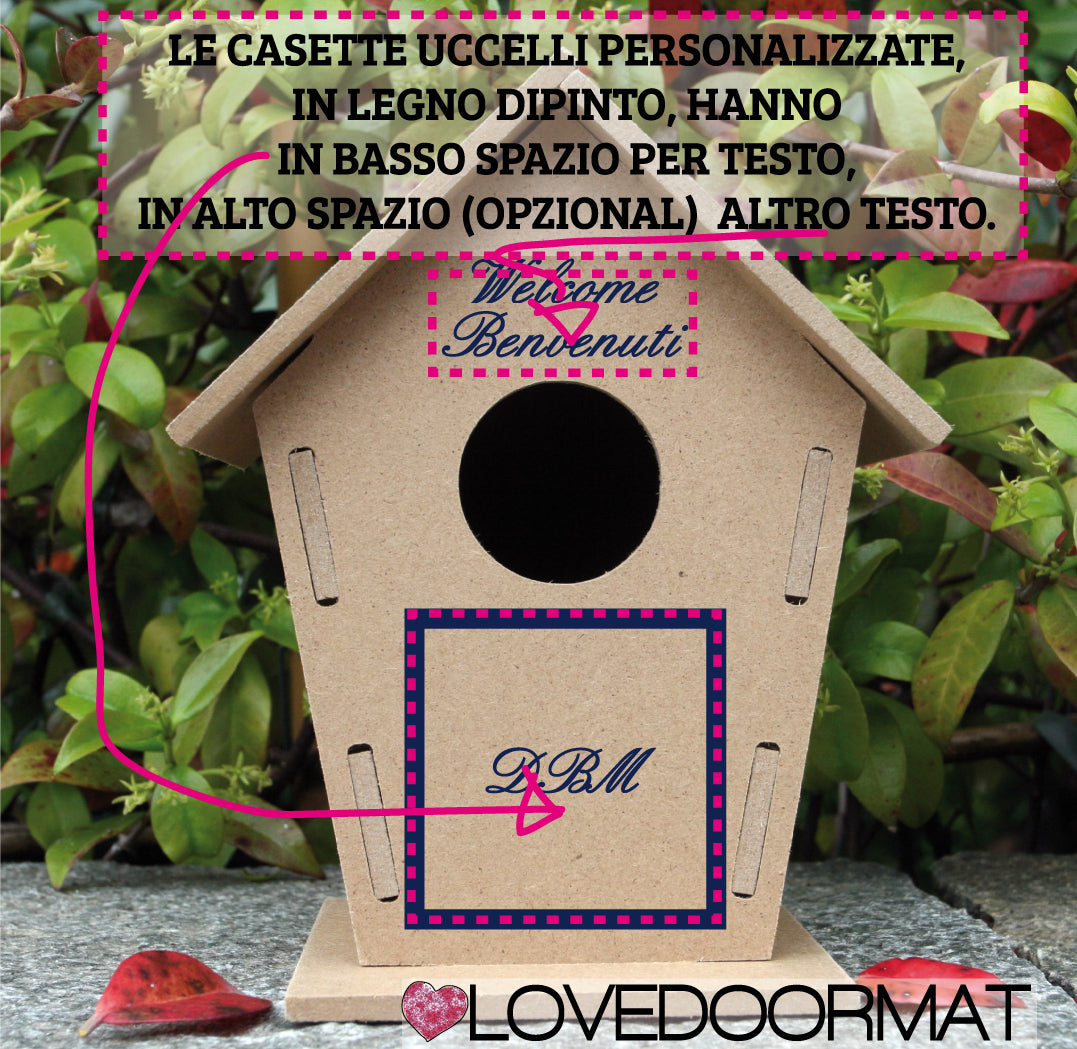 Casetta Uccelli Personalizzata – Tue Iniziali in Cornice – LOVEDOORMAT in Legno cm 17,5x12x3,4 su cui io dipingo, se desideri al centro, nella parte inferiore il tuo testo e nella parte superiore (opzional) altro tuo testo