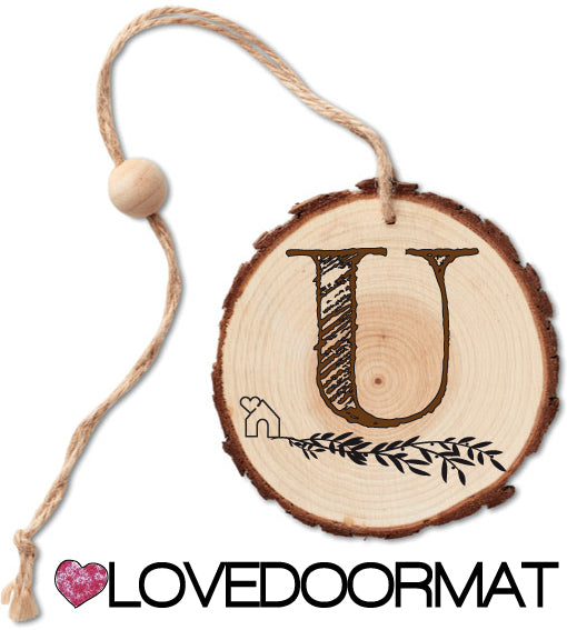 Rondella - Monogramma - LOVEDOORMAT in Legno, 100% BIO, dipinto a mano con Lettera U e Design, da appendere, cm 40x12x3