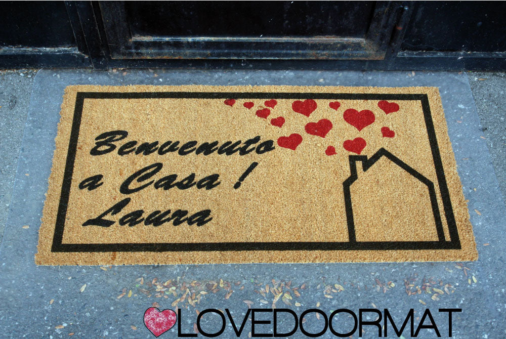 Zerbino Personalizzato – Benvenuti A Casa, Tuo Testo – LOVEDOORMAT in Cocco, Fondo in Gomma 100% BIO