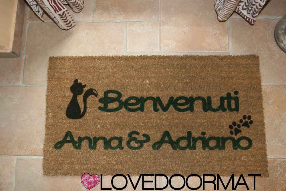 Zerbino Personalizzato – Gatto, Cuori, Quadrifoglio, Tuo Testo – LOVEDOORMAT in Cocco, Fondo in Gomma 100% BIO