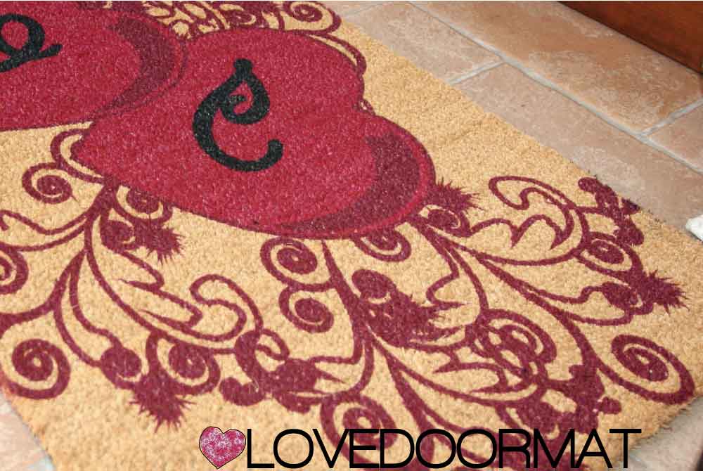 Zerbino Personalizzato – Cuori, Tralci, Tuo Testo – LOVEDOORMAT in Cocco, Fondo in Gomma 100% BIO