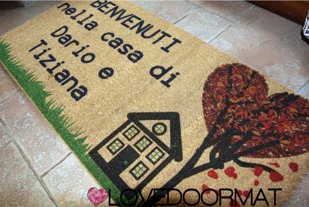 Zerbino Personalizzato – Casa, Albero Cuore, Tuo Testo – LOVEDOORMAT in Cocco, Fondo in Gomma 100% BIO
