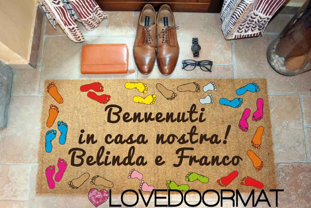 Zerbino Personalizzato – Impronte, Tuo Testo – LOVEDOORMAT in Cocco, Fondo in Gomma 100% BIO