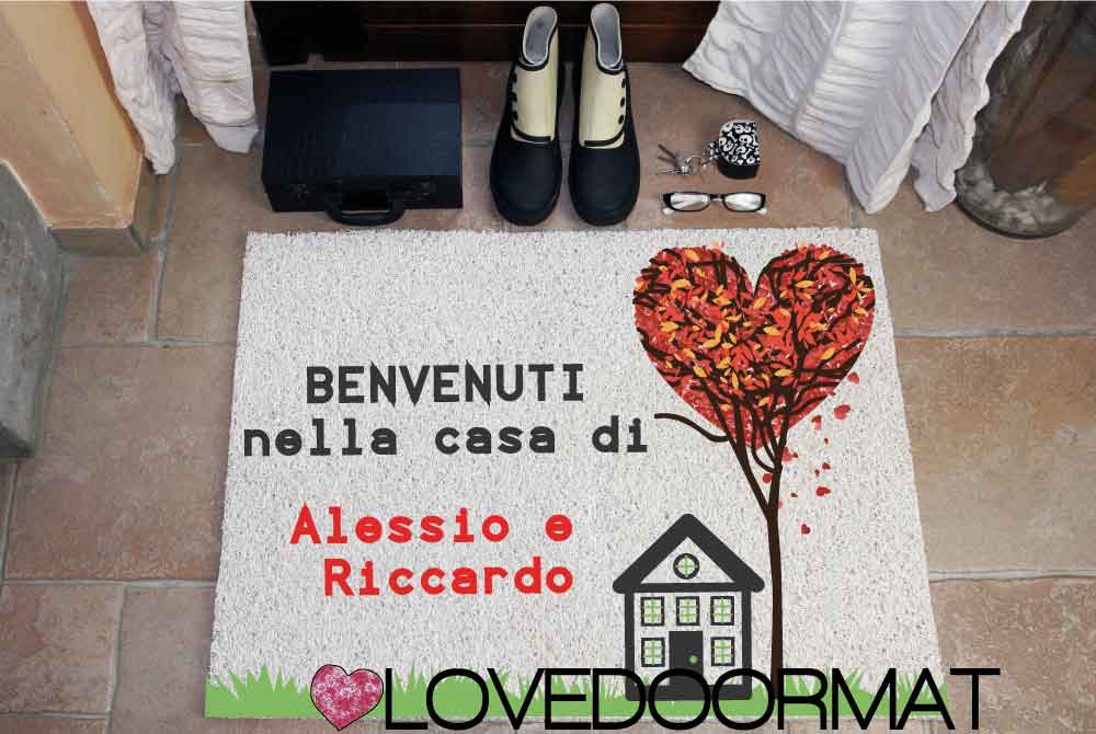 Zerbino Personalizzato – Casa, Albero Cuore, Tuo Testo – LOVEDOORMAT in Pvc, Fondo in Gomma