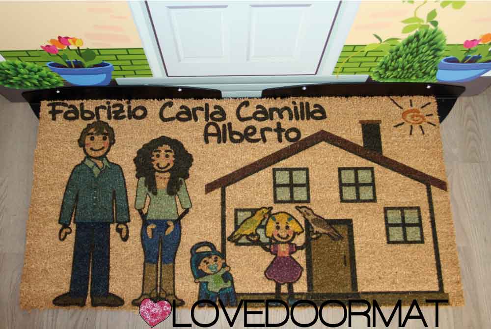 Zerbino Personalizzato – Fumetto Famiglia – LOVEDOORMAT in Cocco, Fondo in Gomma 100% BIO e Con I Tuoi Personaggi