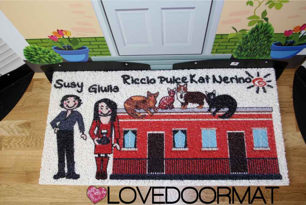 Zerbino Personalizzato da Esterno – Fumetto Famiglia – LOVEDOORMAT in Pvc, Fondo in Gomma e Con I Tuoi Personaggi