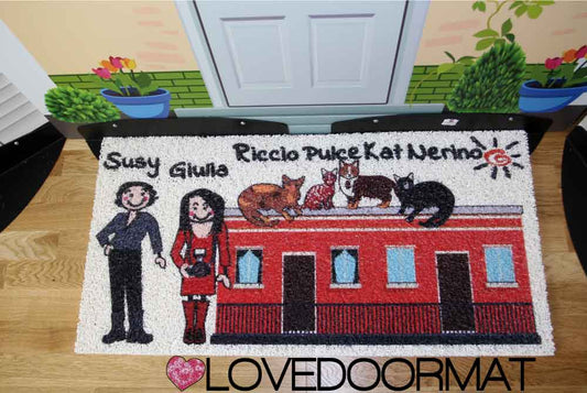 Zerbino Personalizzato da Esterno – Fumetto Famiglia – LOVEDOORMAT in Pvc, Fondo in Gomma e Con I Tuoi Personaggi