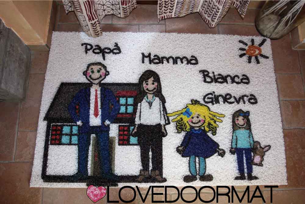 Zerbino Personalizzato da Esterno – Fumetto Famiglia – LOVEDOORMAT in Pvc, Fondo in Gomma e Con I Tuoi Personaggi