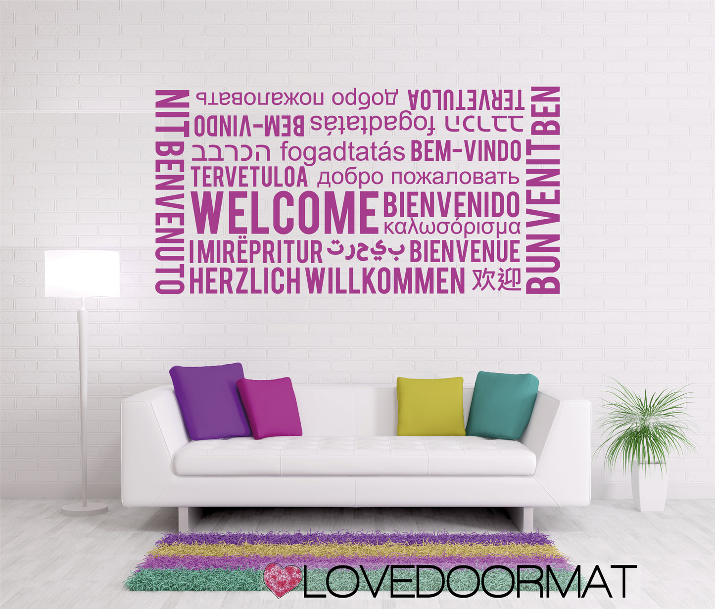 Adesivo Decorativo – Benvenuto Multilingue Pastello – LOVEDOORMAT in Vinile | Trasforma la tua Casa e il tuo Ufficio, design unico e di alta qualità. Facili da applicare e rimuovere, ogni spazio diventa speciale