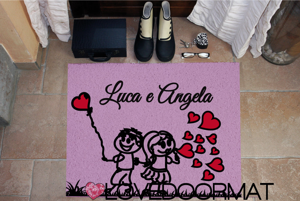 Zerbino Personalizzato – Coppia, Palloncini, Tuo Testo – LOVEDOORMAT in Pvc, Fondo in Gomma, 100% Impermeabile