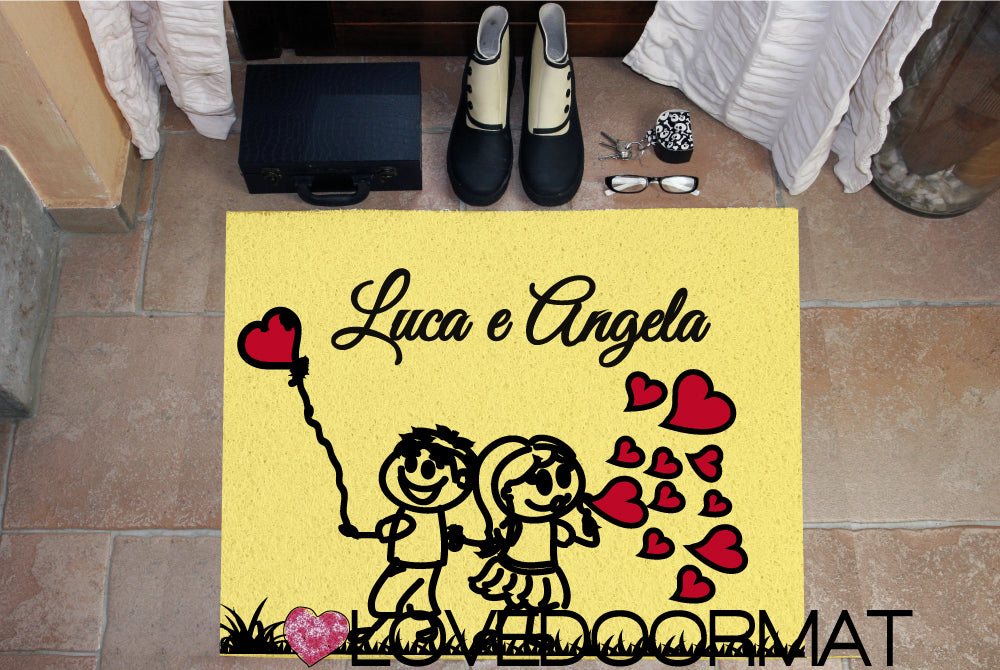 Zerbino Personalizzato – Coppia, Palloncini, Tuo Testo – LOVEDOORMAT in Pvc, Fondo in Gomma, 100% Impermeabile