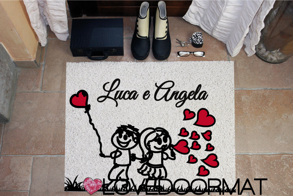 Zerbino Personalizzato – Coppia, Palloncini, Tuo Testo – LOVEDOORMAT in Pvc, Fondo in Gomma, 100% Impermeabile