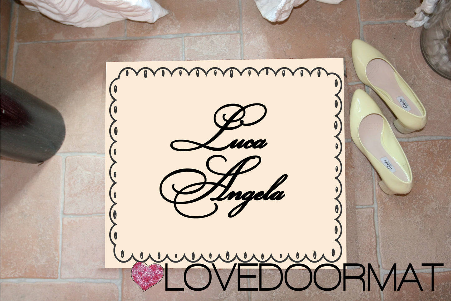 Zerbino Personalizzato – Cornice Biscotto, Tuo Testo – LOVEDOORMAT in Feltro, Fondo in Gomma, 100% asciugapassi