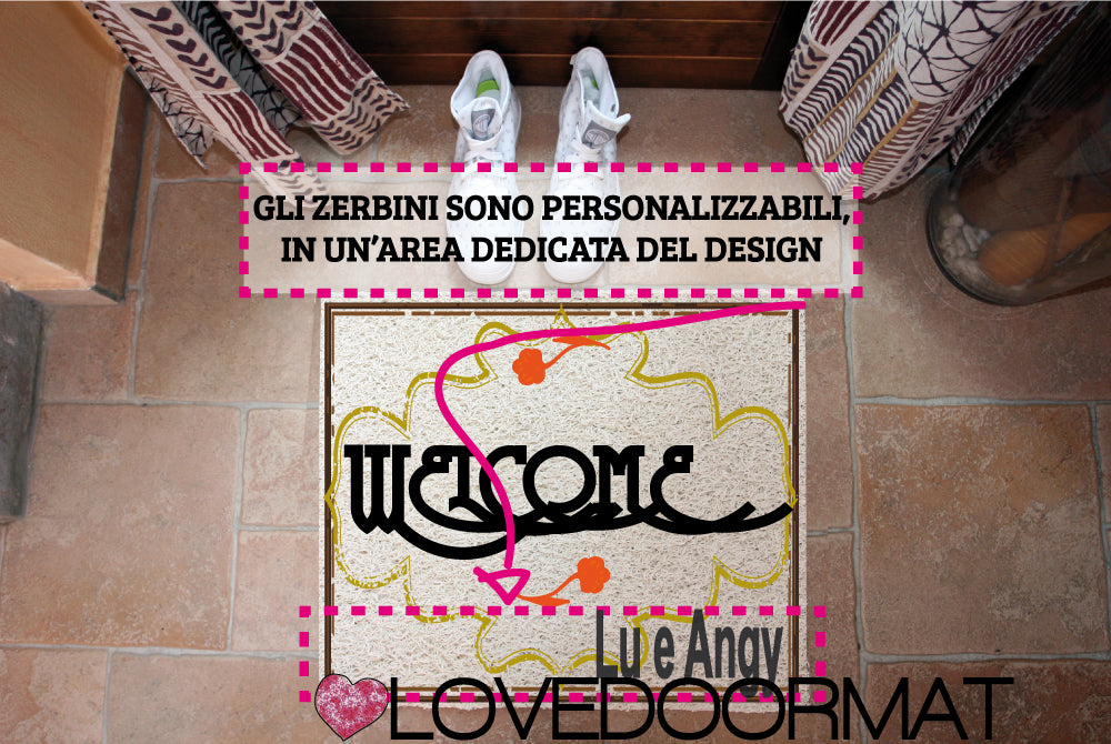 Zerbino Personalizzabile – Cornice Liberty – LOVEDOORMAT in Pvc, Fondo in Gomma, 100% Impermeabile su cui io dipingo il Decor Design e se desideri nella parte inferiore (opzional) il tuo testo