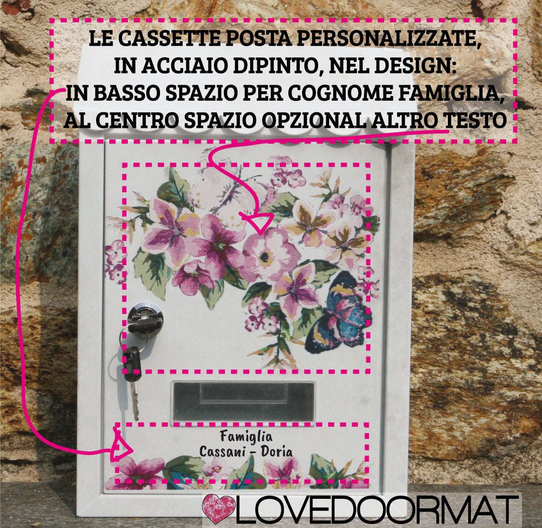 Cassetta Posta Personalizzata – Fiori, Farfalla – LOVEDOORMAT In Acciaio Dipinto,  su cui io dipingo il Decor Design, il tuo cognome Famiglia nella parte inferiore e se desideri al centro, nella parte superiore (opzional) altro tuo testo 