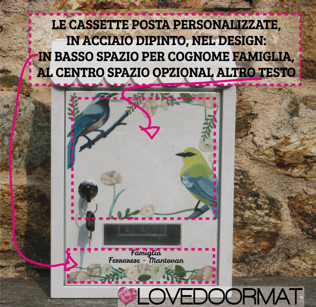 Cassetta Posta Personalizzata – Fiori, Uccelli – LOVEDOORMAT In Acciaio Dipinto su cui io dipingo il Decor Design, il tuo cognome Famiglia nella parte inferiore e se desideri al centro, nella parte superiore (opzional) altro tuo testo