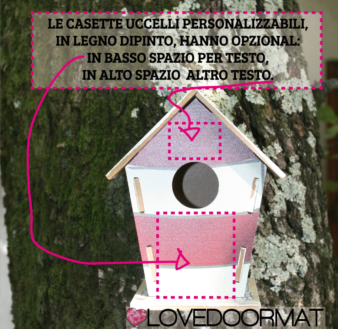 Casetta Uccelli Personalizzabile – Casa Mare – LOVEDOORMAT in Legno cm 17,5x12x3,4  su cui io dipingo, se desideri al centro, nella parte inferiore (opzional) il tuo testo e nella parte superiore (opzional) altro tuo testo