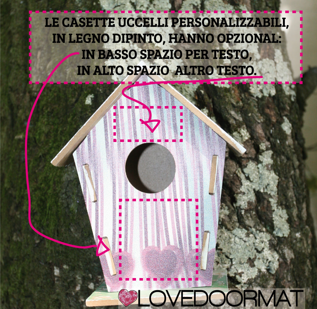 Casetta Uccelli Personalizzabile – Casa Montagna – LOVEDOORMAT in Legno cm 17,5x12x3,4 , su cui io dipingo, se desideri al centro, nella parte inferiore  (opzional) il tuo testo e nella parte superiore (opzional) altro tuo testo