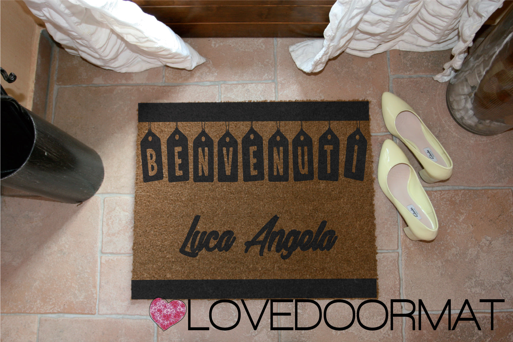 Zerbino Personalizzato – Tag, Tuo Testo – LOVEDOORMAT in Cocco, Fondo in Gomma 100% BIO