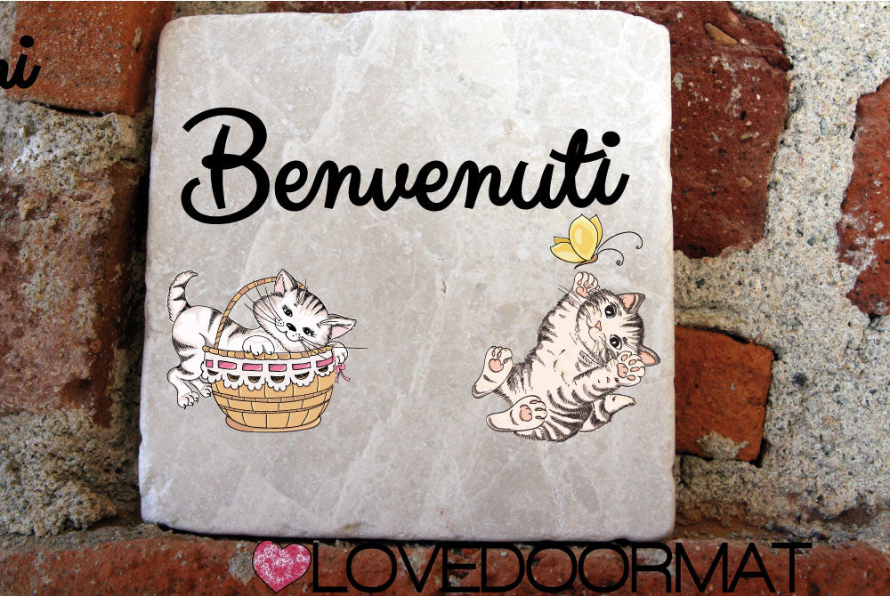 Formella Personalizzata – Gatti e Farfalla – LOVEDOORMAT in Marmo 100% Naturale