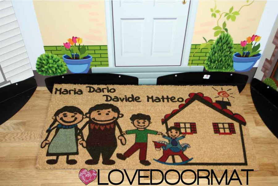 Zerbino Personalizzato – Fumetto Famiglia – LOVEDOORMAT in Cocco, Fondo in Gomma 100% BIO e Con I Tuoi Personaggi