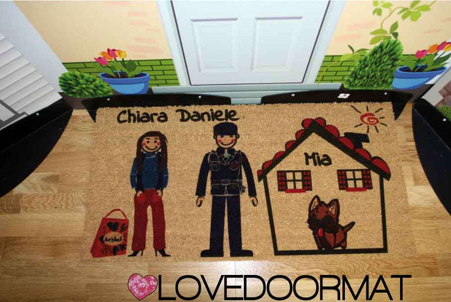 Zerbino Personalizzato – Fumetto Famiglia – LOVEDOORMAT in Cocco, Fondo in Gomma 100% BIO e Con I Tuoi Personaggi
