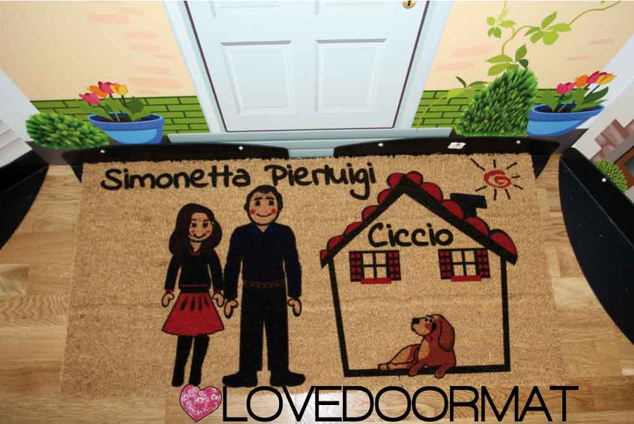 Zerbino Personalizzato – Fumetto Famiglia – LOVEDOORMAT in Cocco, Fondo in Gomma 100% BIO e Con I Tuoi Personaggi