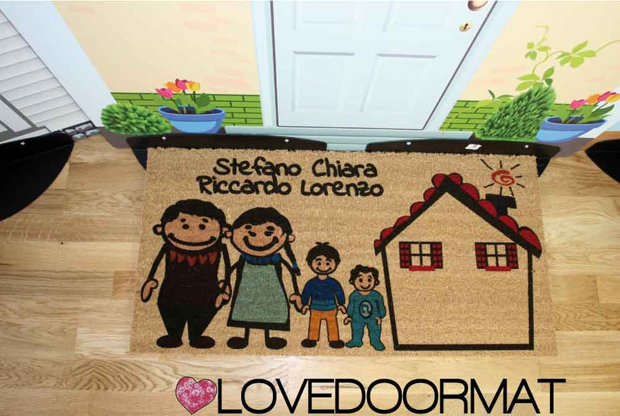 Zerbino Personalizzato – Fumetto Famiglia – LOVEDOORMAT in Cocco, Fondo in Gomma 100% BIO e Con I Tuoi Personaggi