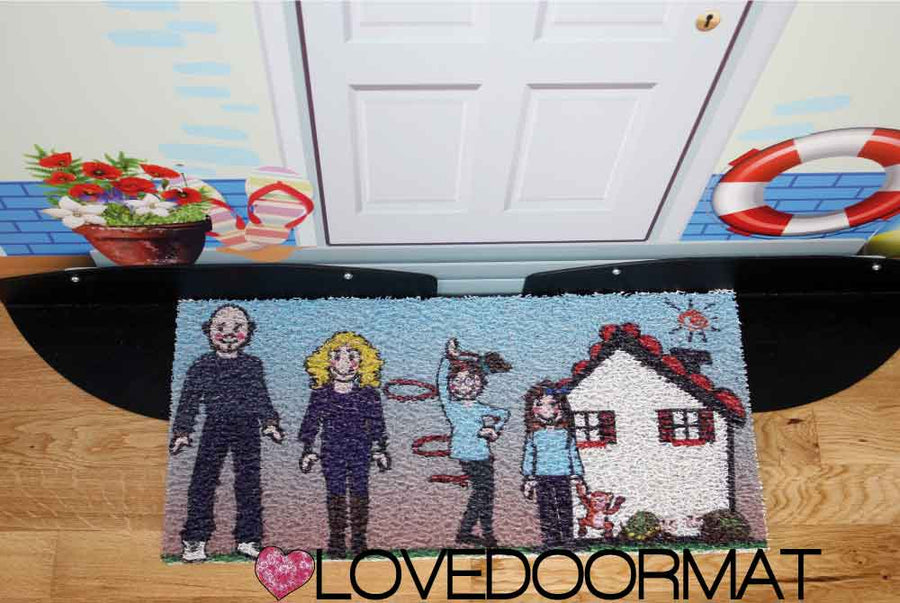 Zerbino Personalizzato da Esterno – Fumetto Famiglia – LOVEDOORMAT in Pvc, Fondo in Gomma e Con I Tuoi Personaggi